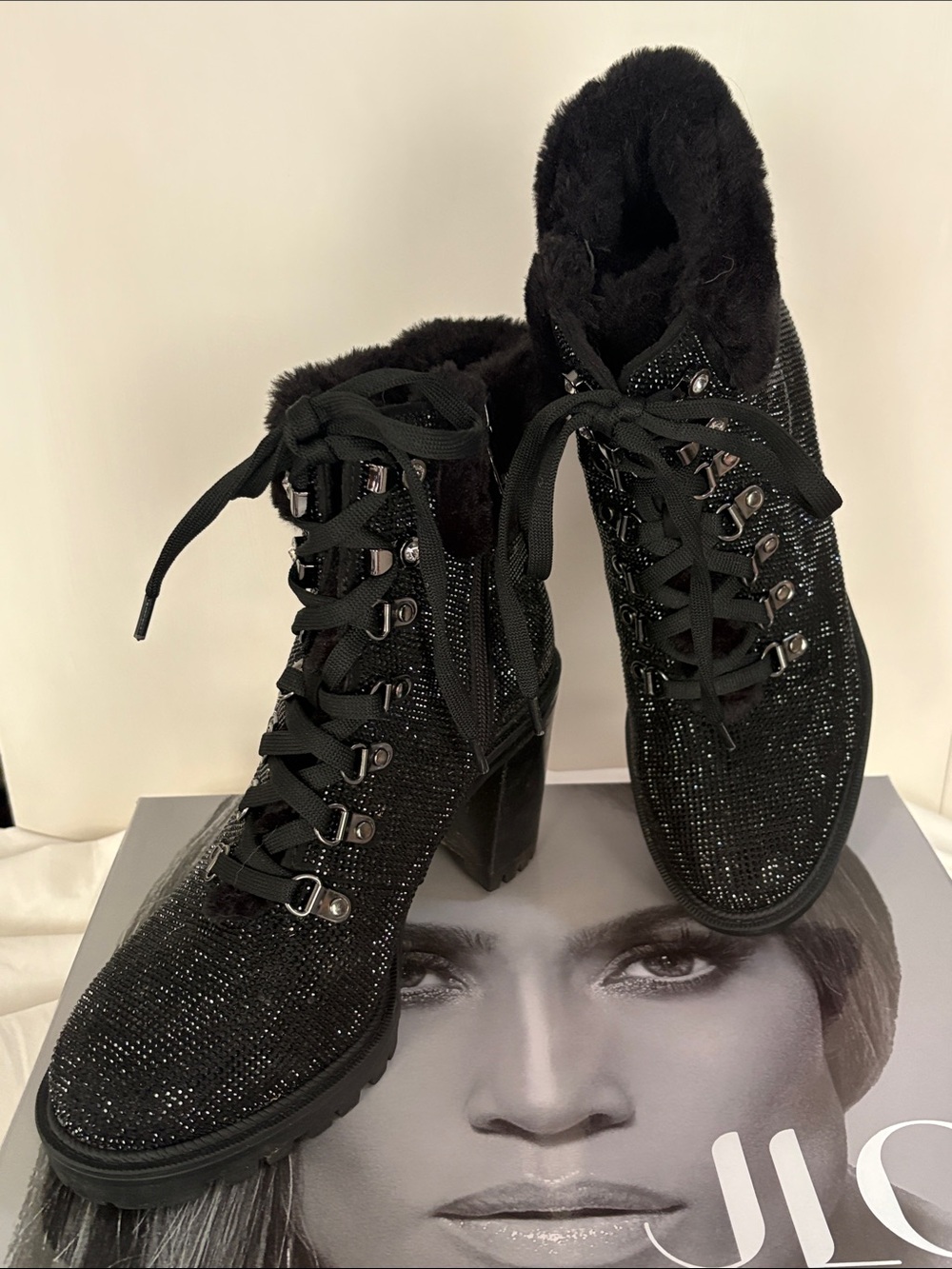 JLo Black Rhinestone Lace-Up Faux-Fur Cold Weather Ankle Boots